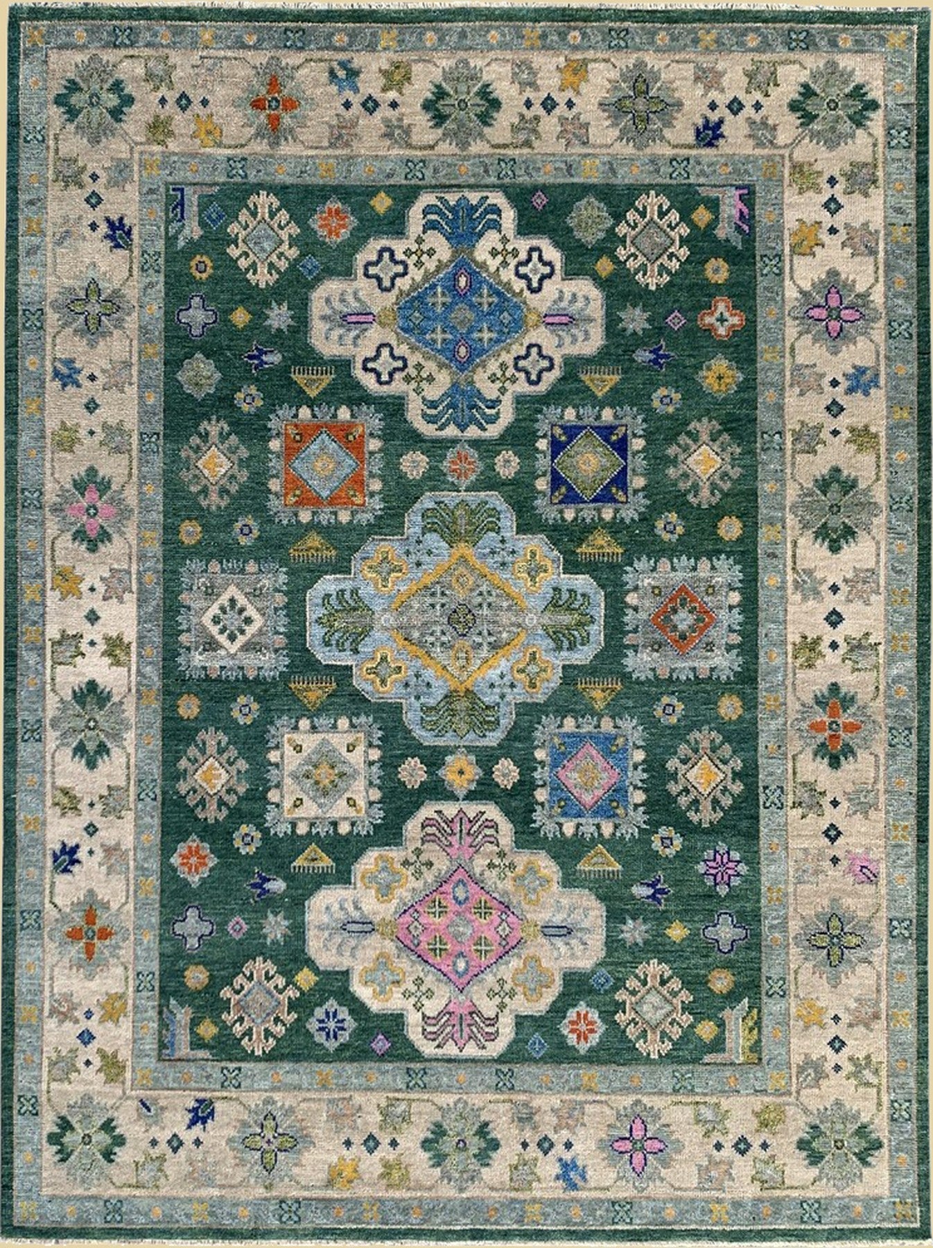 Isolated view of Isla Kazak Green Hand Knotted Wool Rug, showcasing its intricate Kazak-inspired geometric design and lush green hues.