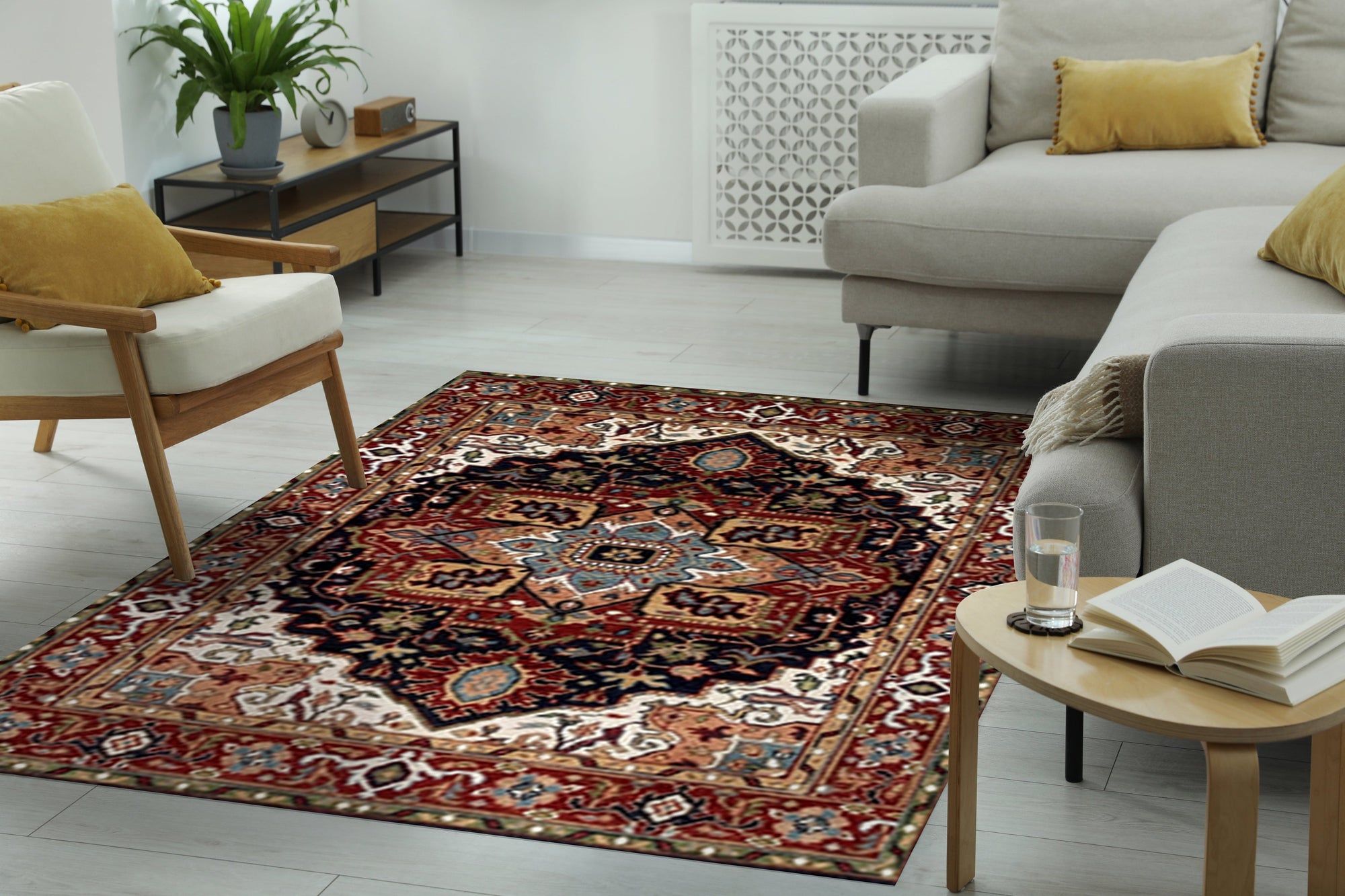 Timeless Oriental Navy Hand Knotted Wool Rug, a navy wool rug featuring intricate floral and geometric designs, partially visible against a neutral backdrop, likely a room setting.