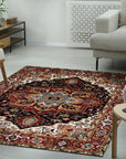 Timeless Oriental Navy Hand Knotted Wool Rug, a navy wool rug featuring intricate floral and geometric designs, partially visible against a neutral backdrop, likely a room setting.