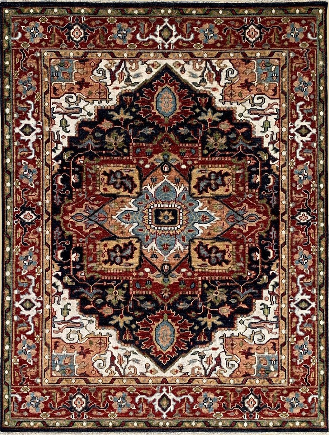 Isolated view of Timeless Oriental Navy Hand Knotted Wool Rug, showcasing its intricate floral and geometric design.