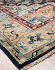 Timeless Oriental Navy Hand Knotted Wool Rug, a richly detailed navy wool rug hand-knotted in an intricate oriental design, viewed from a slightly elevated angle revealing its texture and craftsmanship.