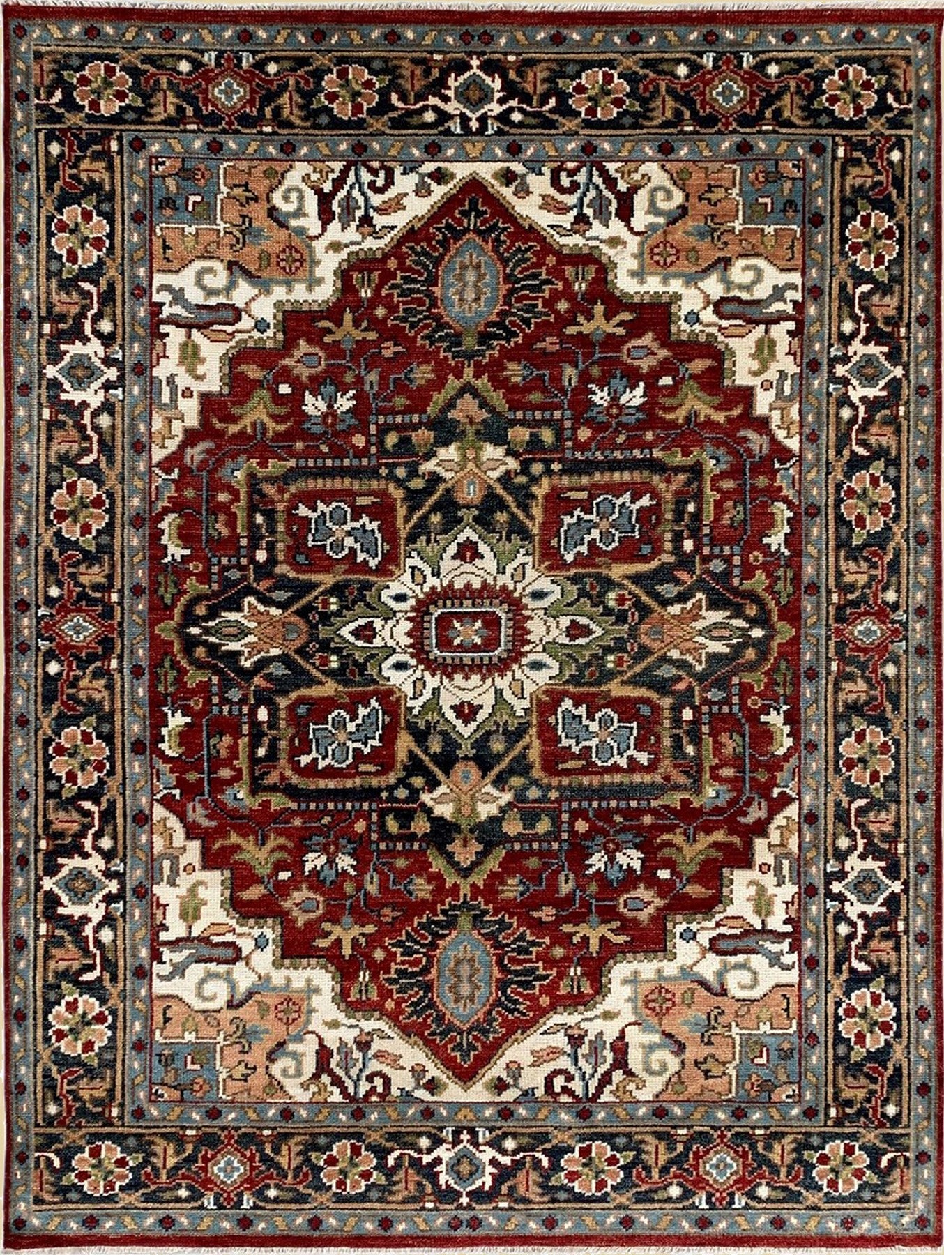 Louie Oriental Red Hand Knotted Wool Rug, showcasing its intricate, traditional design.