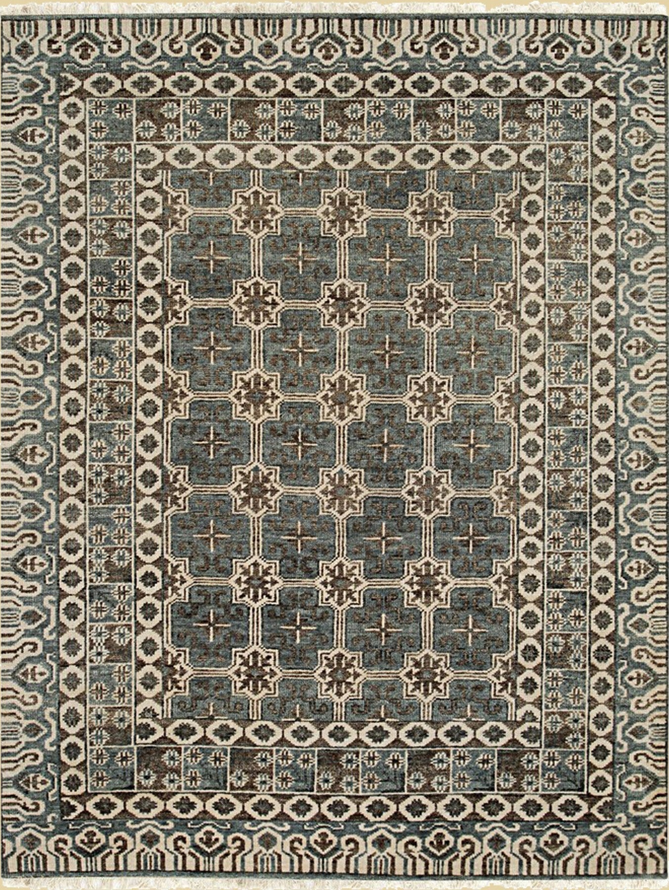 Isolated view of Charming Alluring Gray Hand Knotted Wool Rug, showcasing its intricate geometric design and subtle tonal variations within the gray wool.