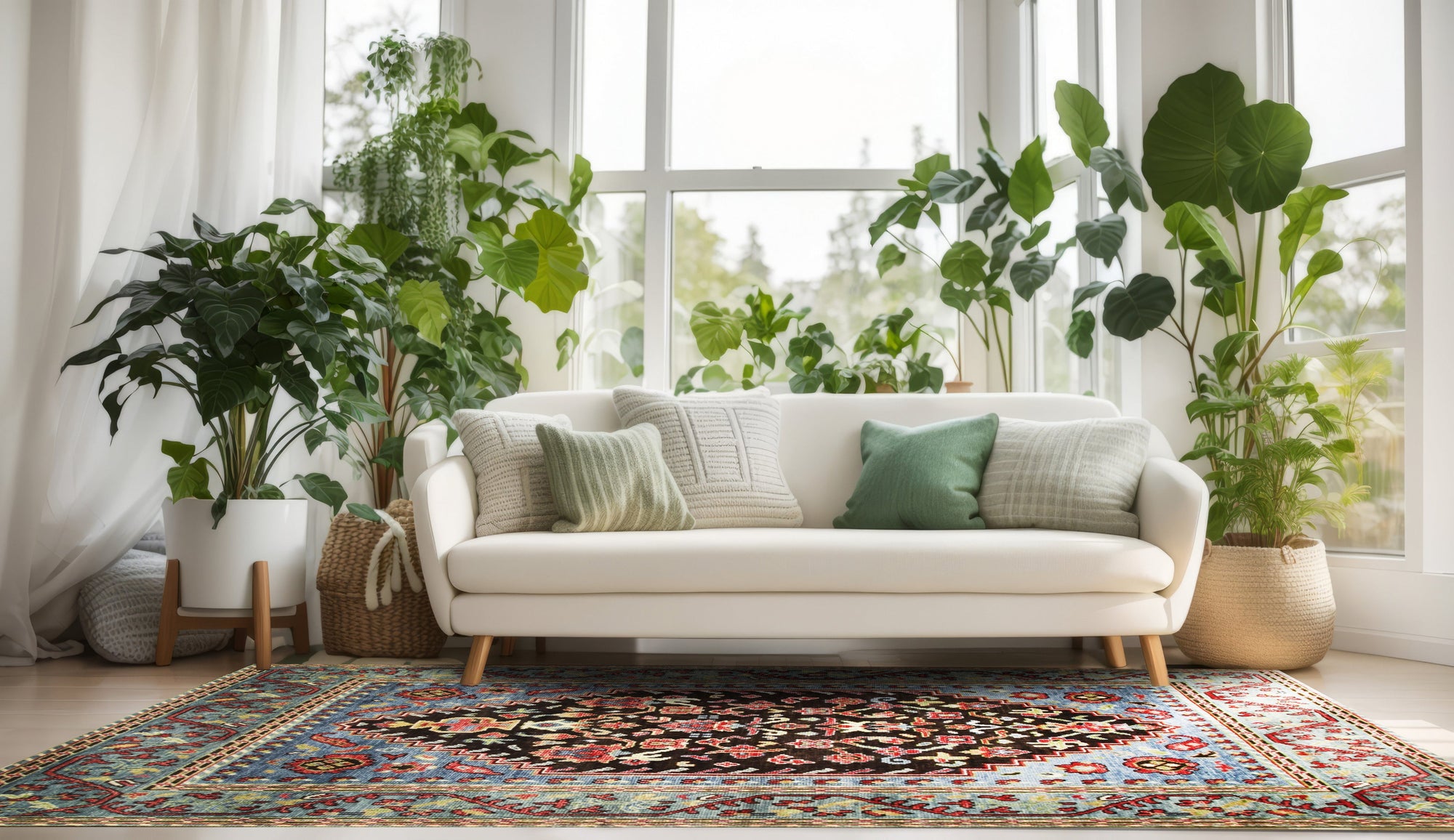 Vibrant Traditional Green Hand Knotted Wool Rug, showcasing intricate patterns and rich green hues, lies gracefully on a light hardwood floor in a brightly lit room.