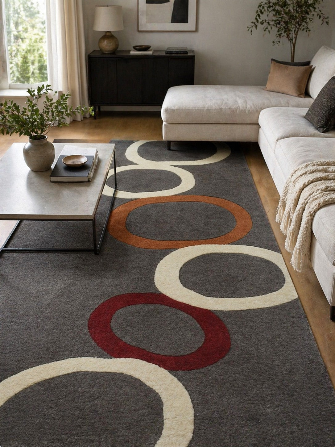 Celia Clara Gray Hand Tufted Wool Rug styled in a modern living room - area rug lifestyle photo