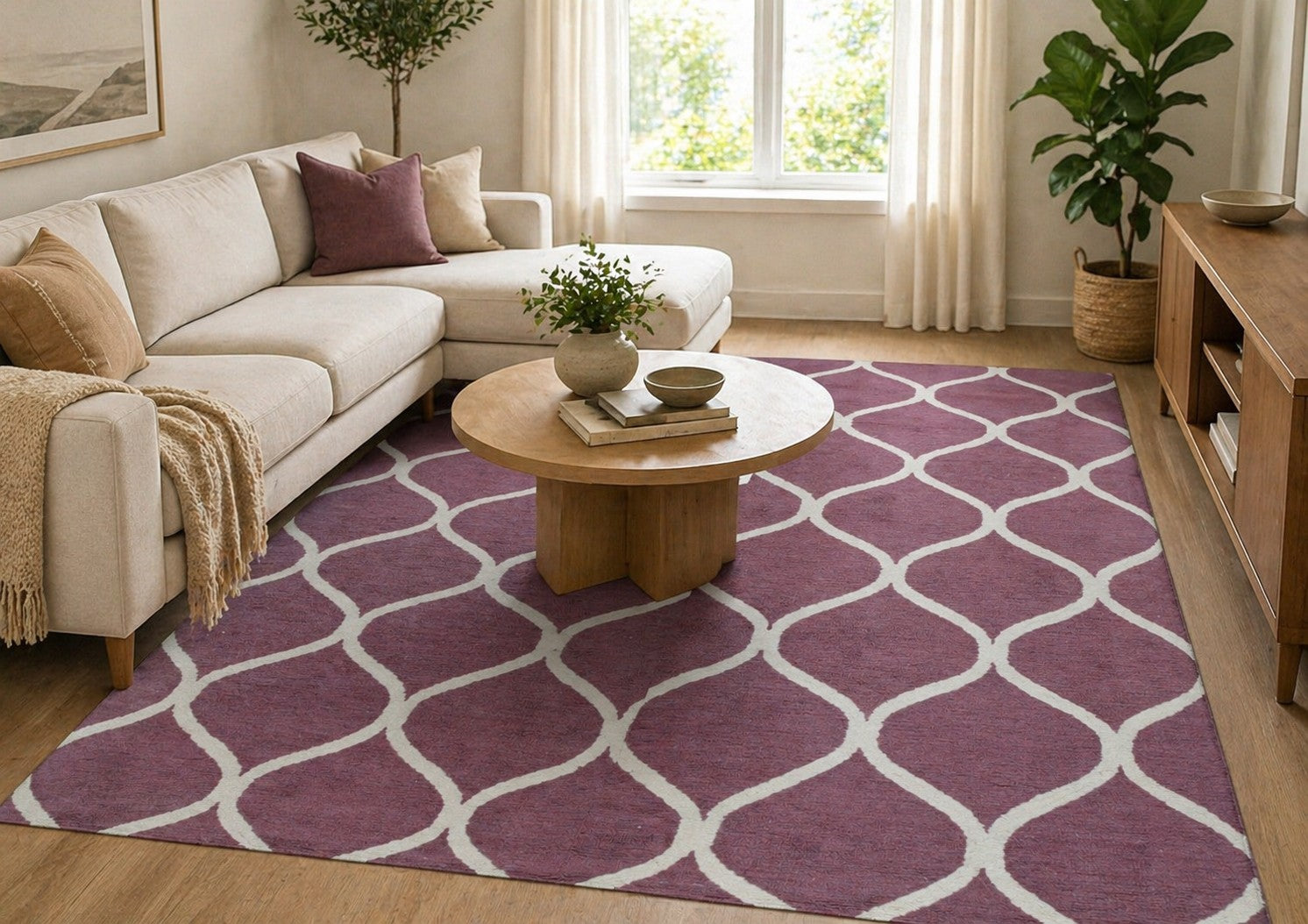 Ava Exquisite Burgundy Hand Tufted Wool Rug styled in a modern living room - area rug lifestyle photo