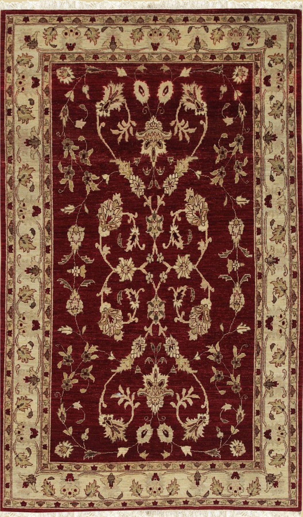 Isolated view of Rustic Agra Red Hand Knotted Wool Rug, showcasing its intricate geometric pattern and rich, earthy red tones.