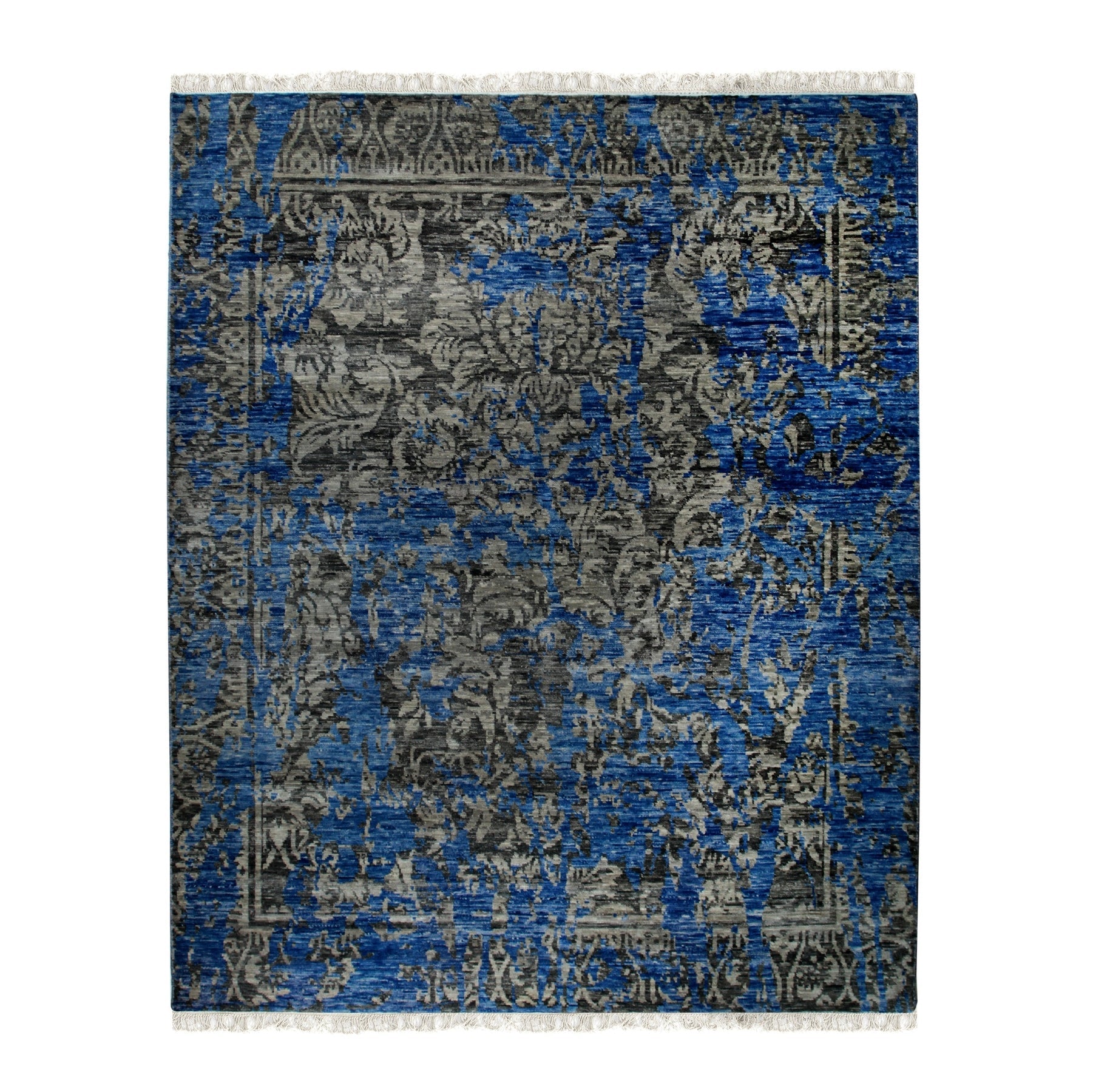 Hand-Knotted Wool &amp; Bamboo Silk Blue Modern Floral Modern Classic Rug