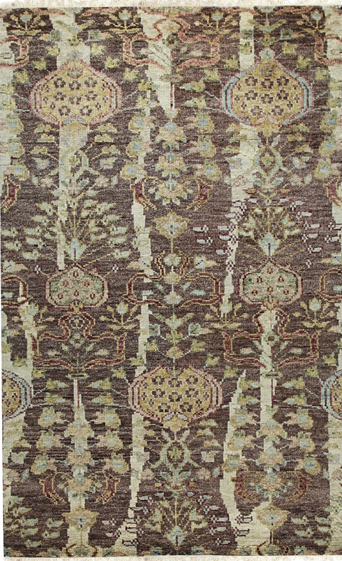 Isolated view of Iris Sophisticated Brown Hand Knotted Wool Rug, showcasing its intricate, stylized floral design in shades of brown and cream.