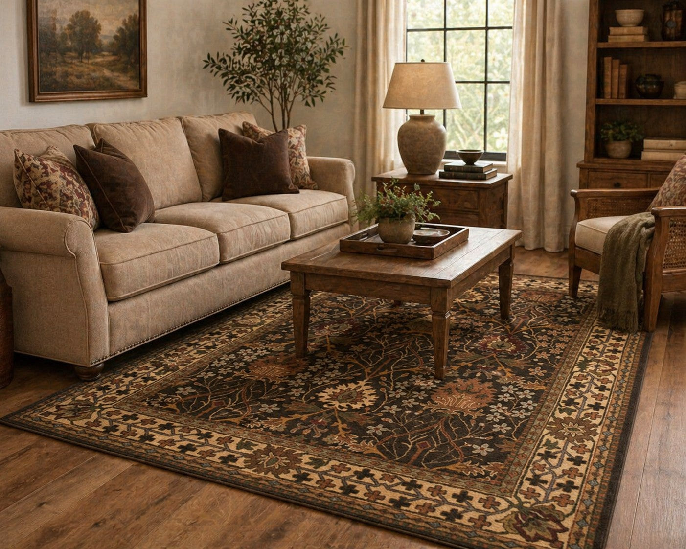 Luna Delicate Brown Hand Tufted Wool Rug styled in a warm traditional living room - area rug lifestyle photo