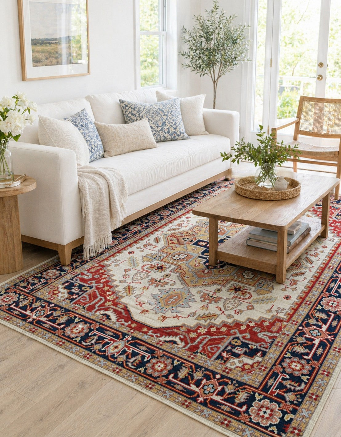 Luxurious Oriental Ivory Hand Knotted Wool Rug styled in a bright airy living room - area rug lifestyle photo