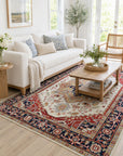 Luxurious Oriental Ivory Hand Knotted Wool Rug styled in a bright airy living room - area rug lifestyle photo