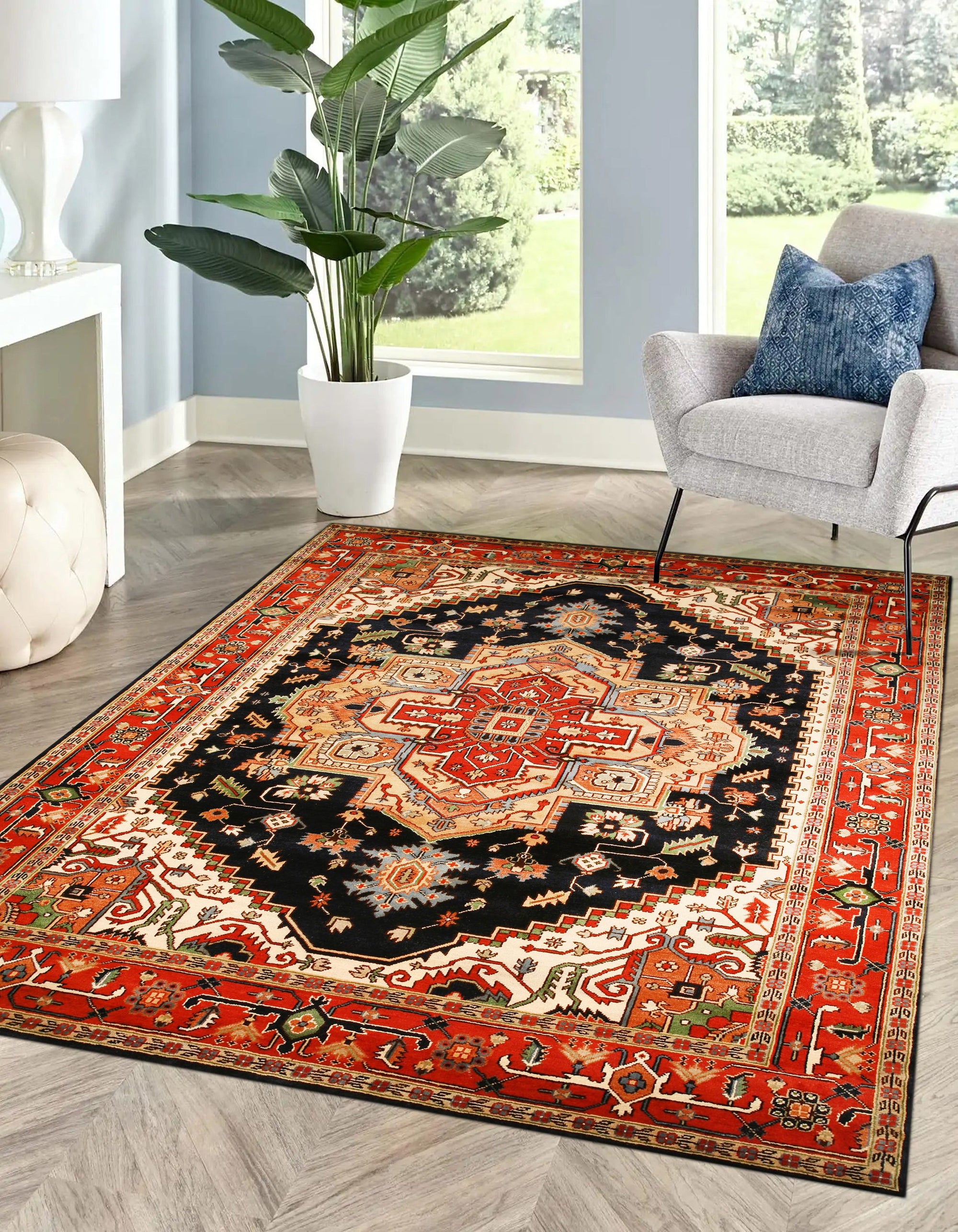 Ella Oriental Navy Hand Knotted Wool Rug, showcasing an elegant navy blue wool rug with a detailed traditional oriental pattern, displayed in a warm, inviting living room setting.