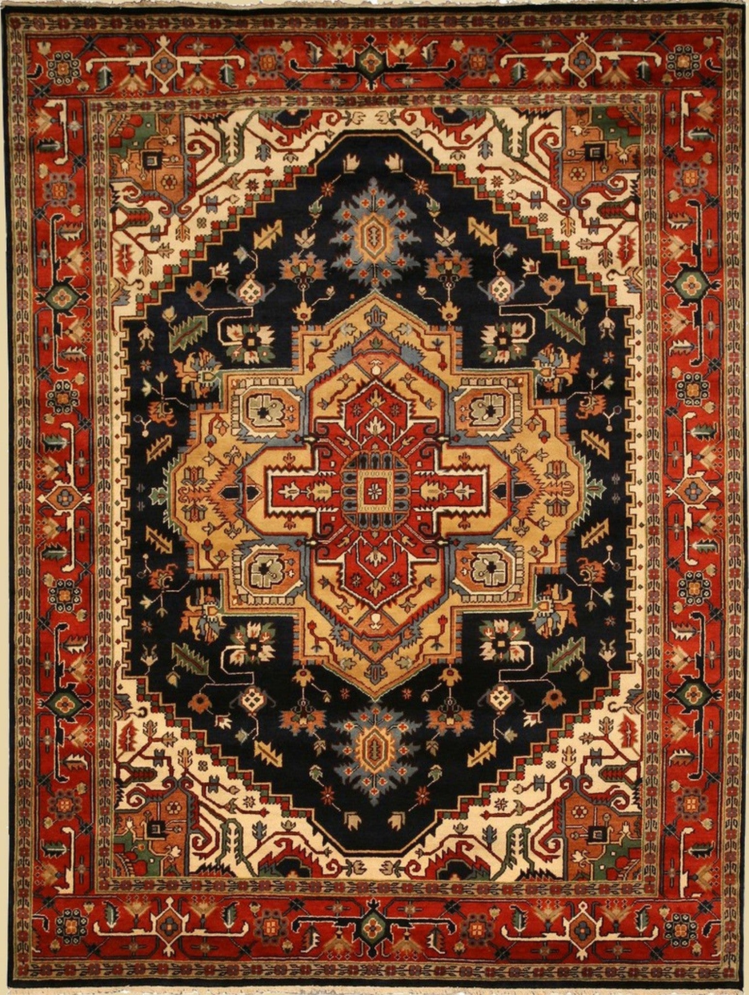 Ella Oriental Navy Hand Knotted Wool Rug styled in a modern living room - area rug lifestyle photo