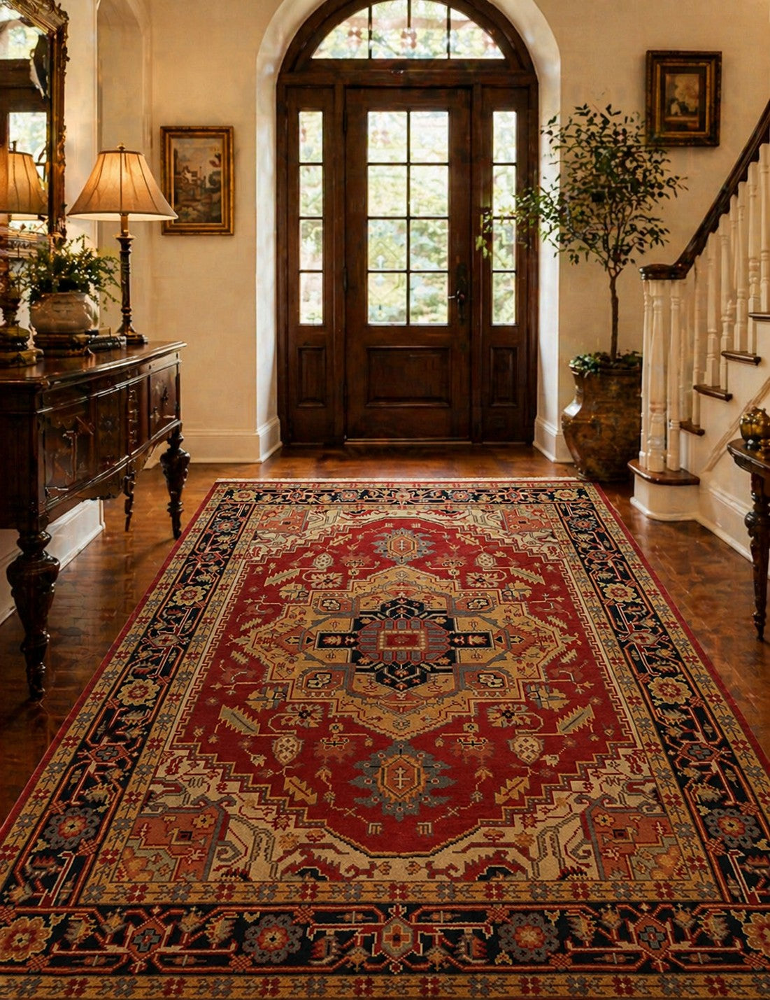 Harlow Oriental Rust Hand Knotted Wool Rug styled in a modern living room - area rug lifestyle photo