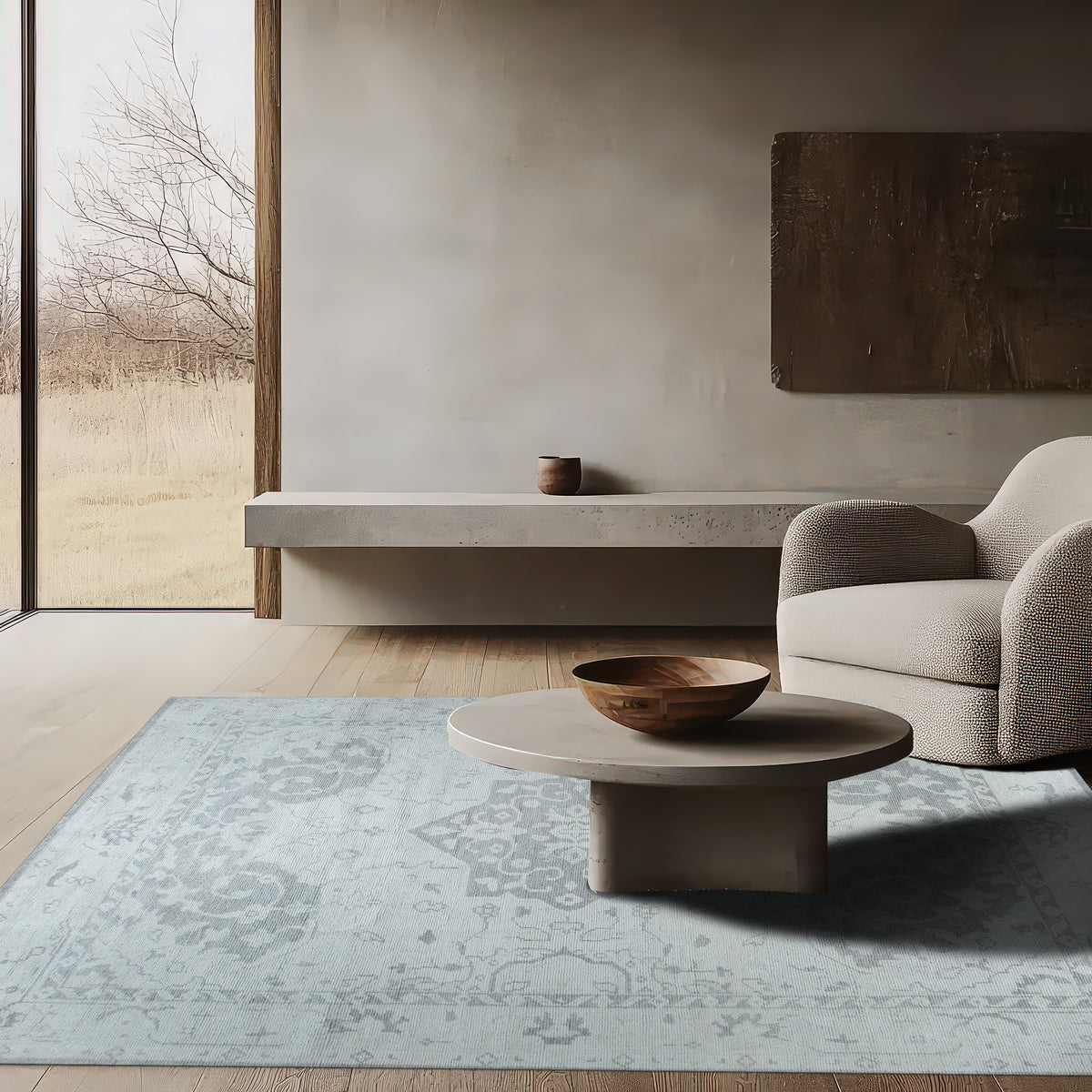 Silver Oasis Rug shown in a styled living room setting