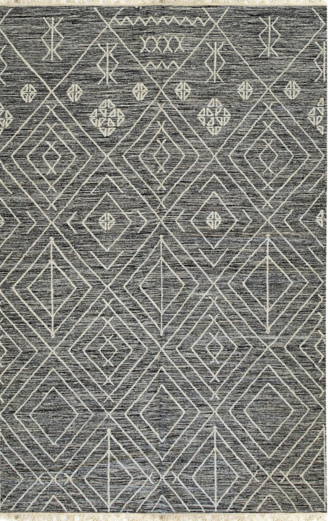 Isolated view of Luxurious Kilim Charcoal Handmade Wool Rug, showcasing its geometric pattern in shades of charcoal gray and off-white.