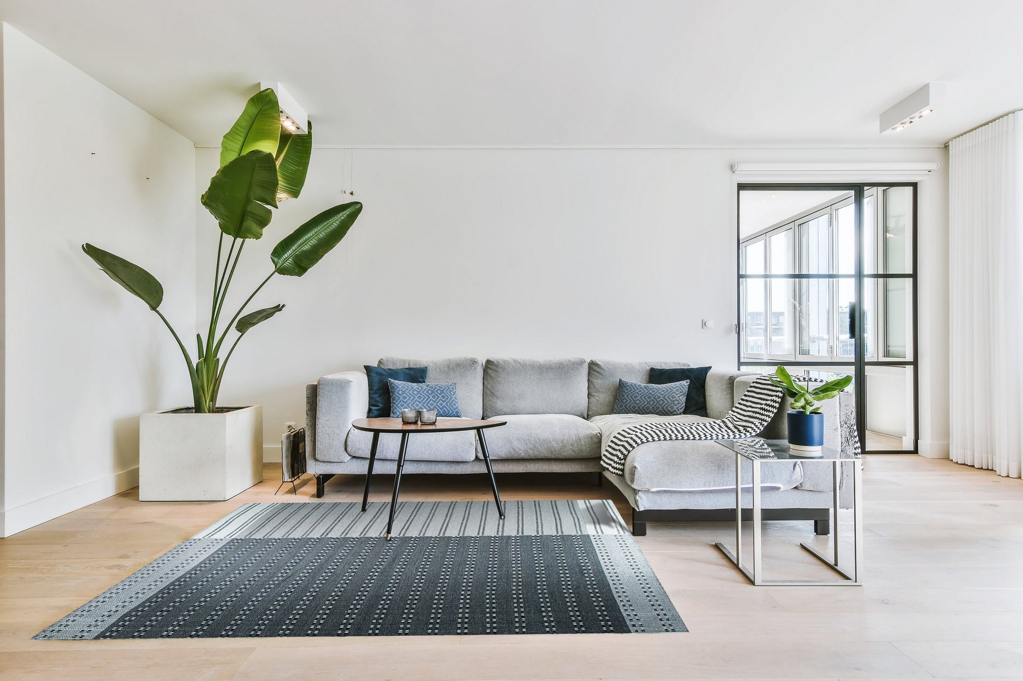 Clara Xena Charcoal Flatweave Wool & Cotton Rug, its deep charcoal hues and flatweave construction displayed in a bright, airy living room setting.