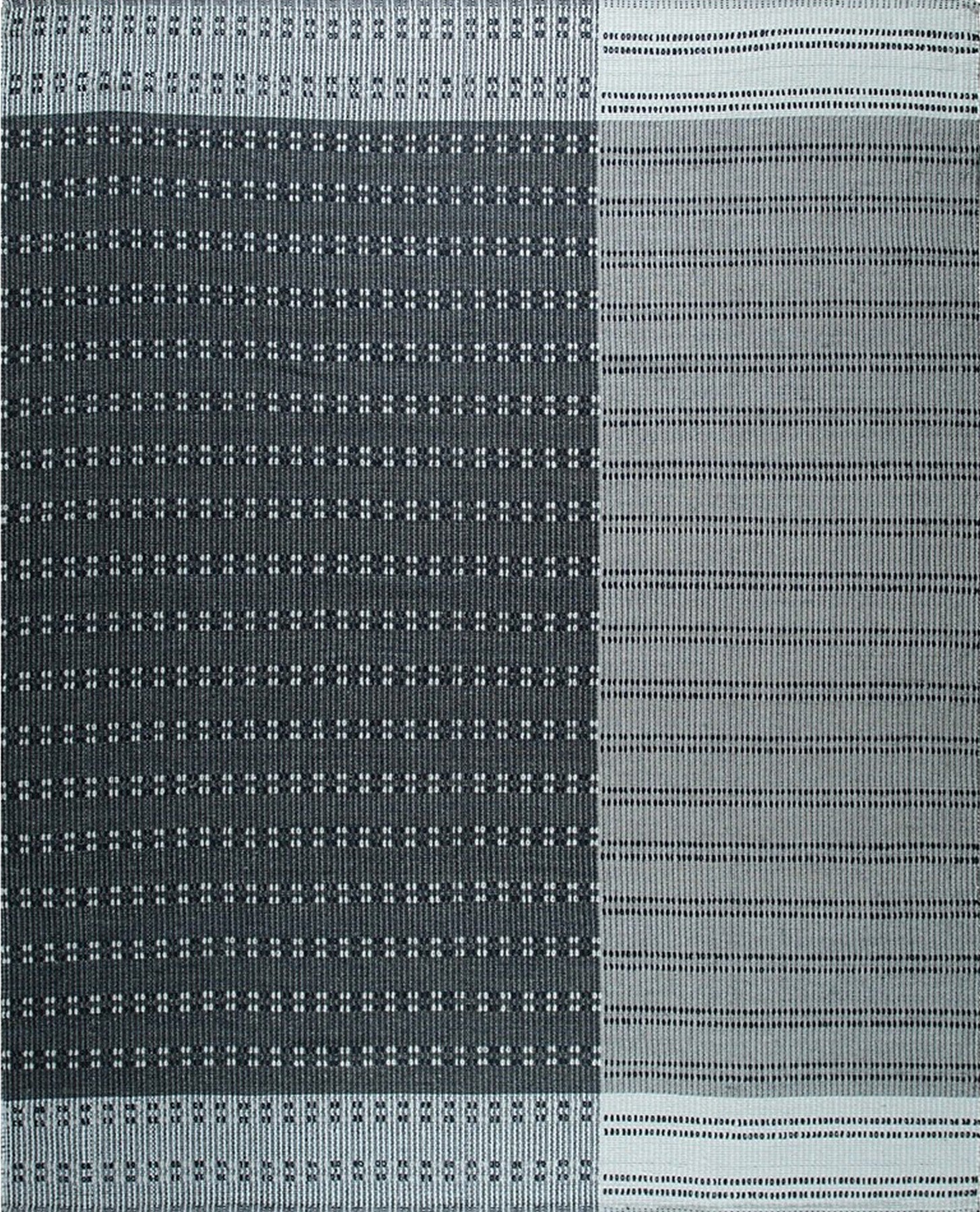 Isolated view showcasing the Clara Xena Charcoal Flatweave Wool & Cotton Rug's geometric pattern of intersecting lines in varying shades of charcoal and gray, revealing its flatweave texture.