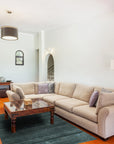 Freya Gabbeh Gray Handmade Wool Rug displayed in a bright, airy living room. Soft gray wool pile highlights a subtle geometric pattern. The rug grounds a seating area with a light-colored sofa and natural wood accents.