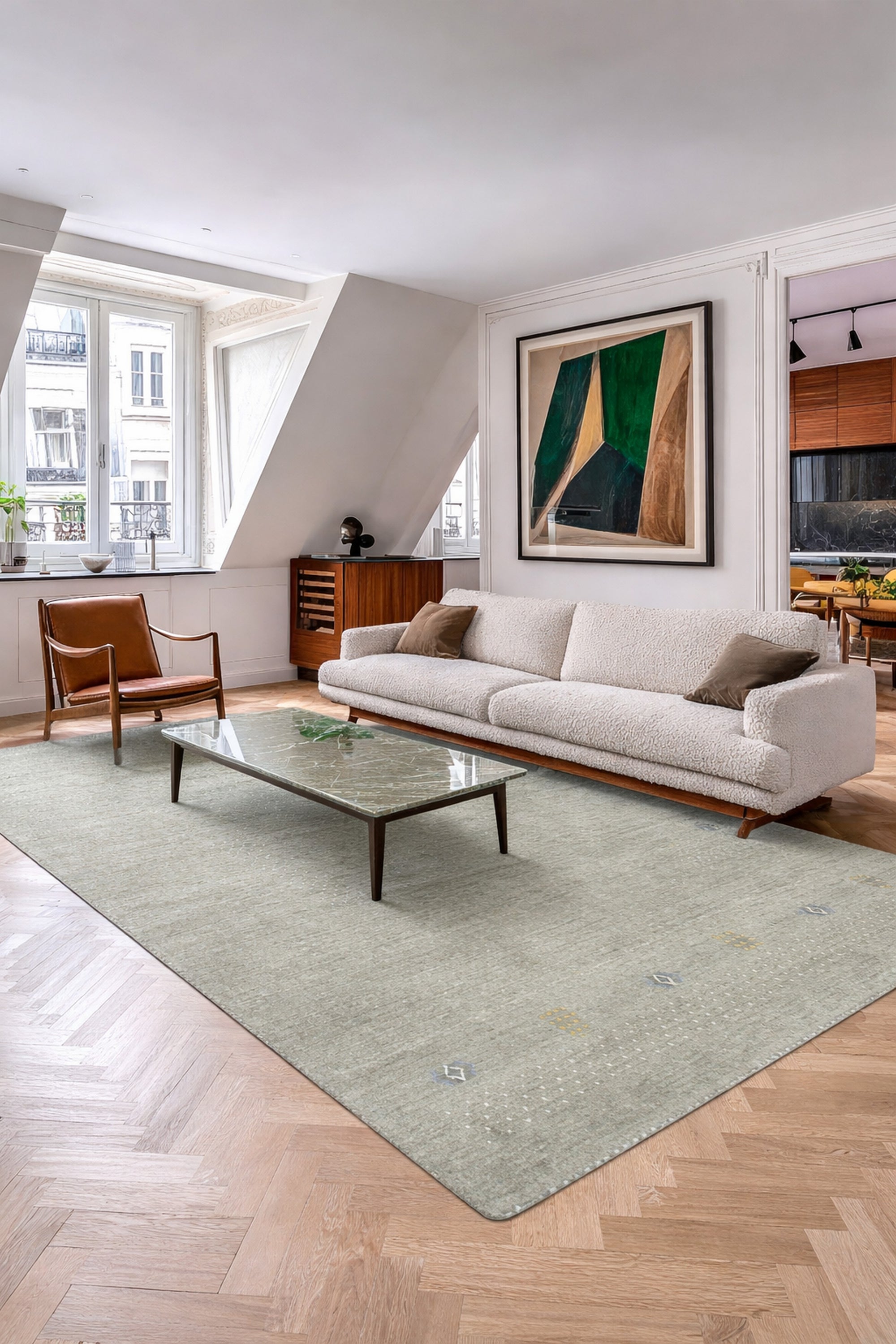 Freya Gabbeh Gray Handmade Wool Rug shown in a styled living room setting