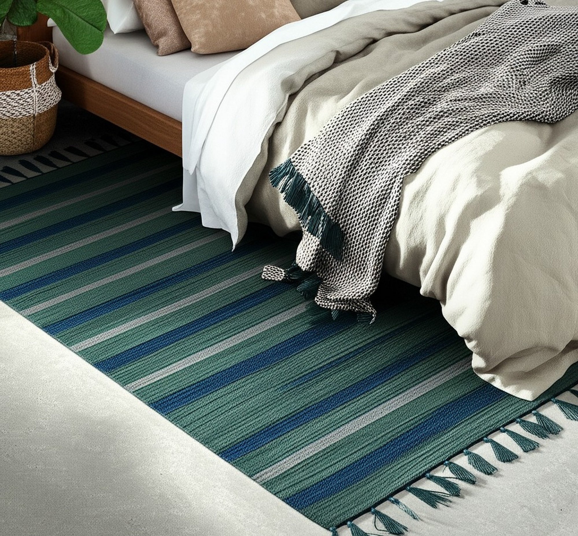 Chic Striped Turquoise Flatweave Wool &amp; Bamboo Silk Rug