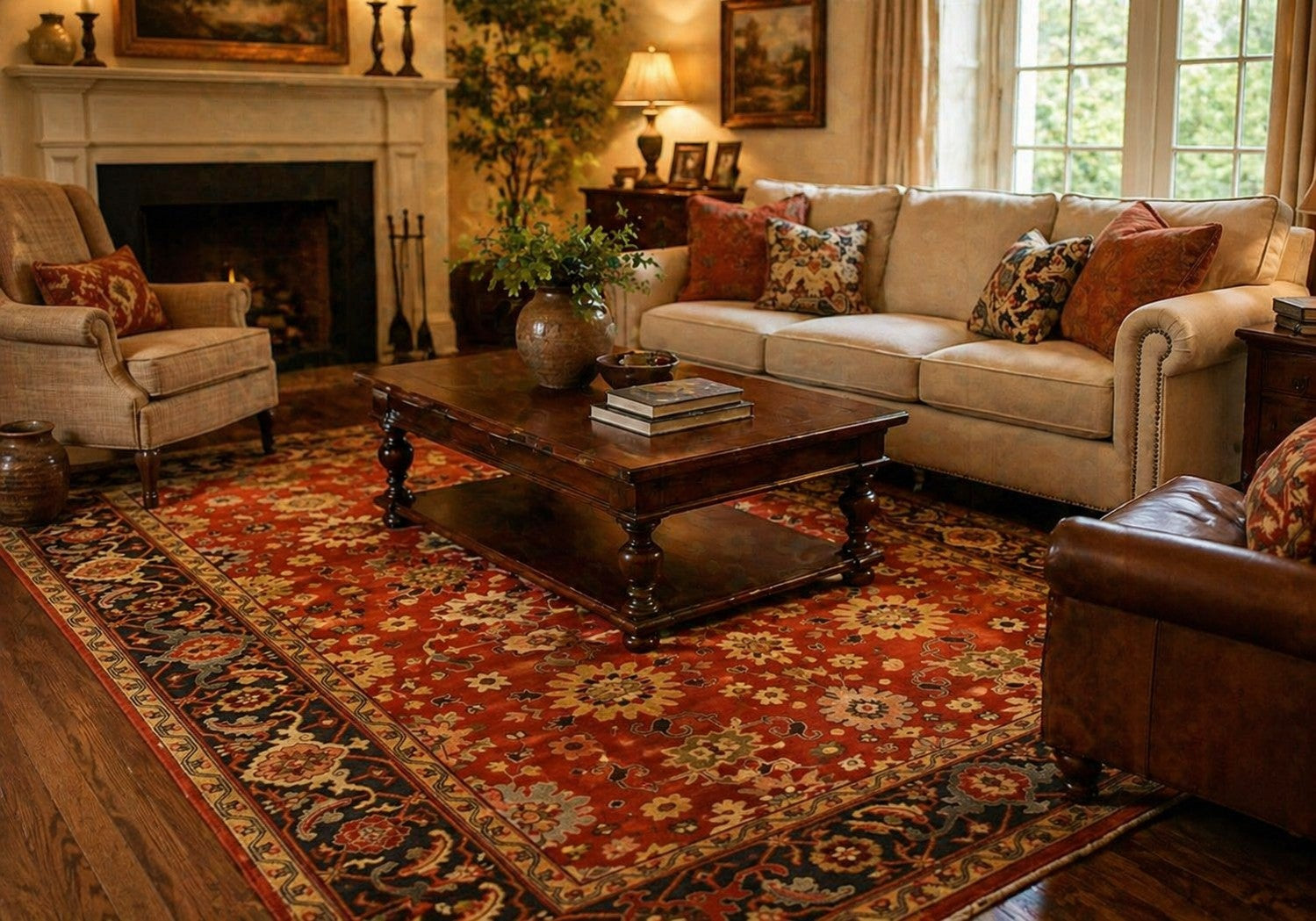 Kira Zinnia Rust Hand Knotted Wool Rug styled in a modern living room - area rug lifestyle photo
