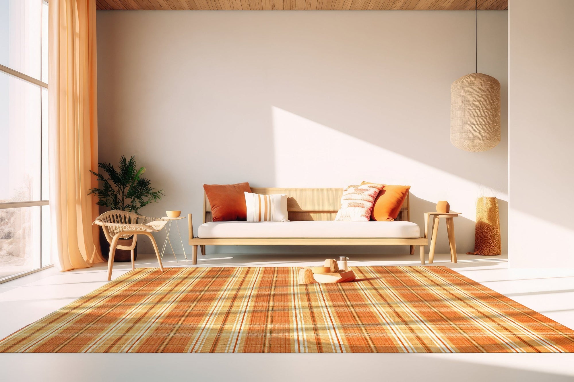 Cassandra Stylish Orange Flatweave Wool Rug, seen in a living room setting; its vibrant orange hues and flatweave construction bring warmth to the neutral decor, creating a stylish and inviting space.