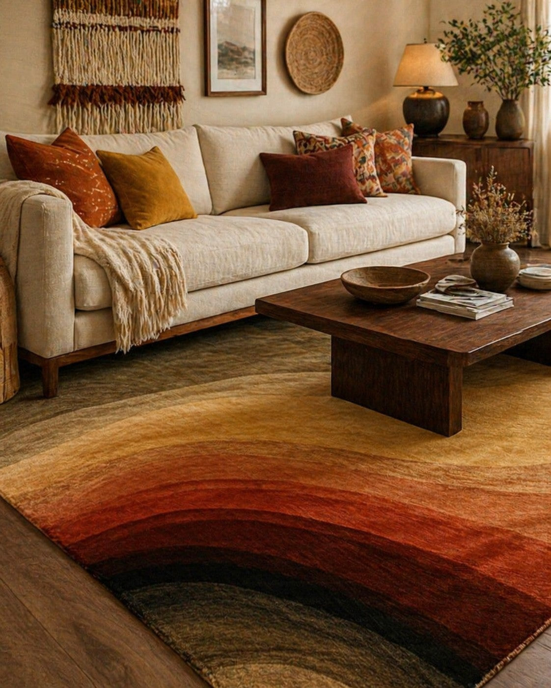 Sloane Multicolor Hand Tufted Wool area rug styled in a warm bohemian living room with cream linen sofa and rust mustard accent pillows - lifestyle photo