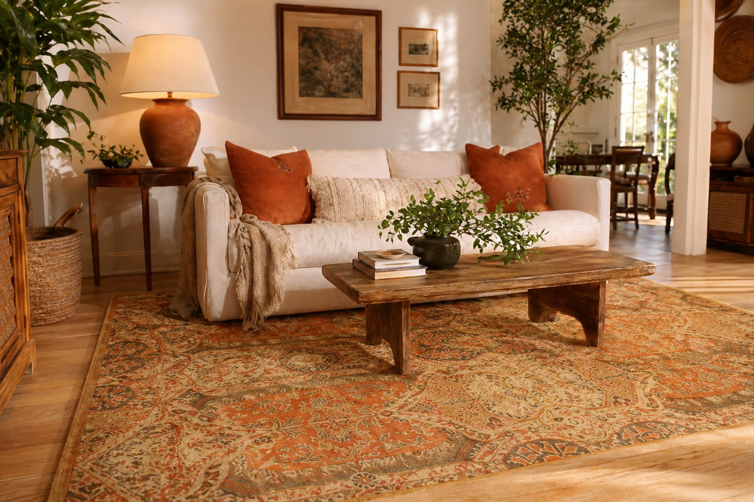 Ophelia Bianca Orange Hand Tufted Wool Rug styled in a warm eclectic living room - area rug lifestyle photo