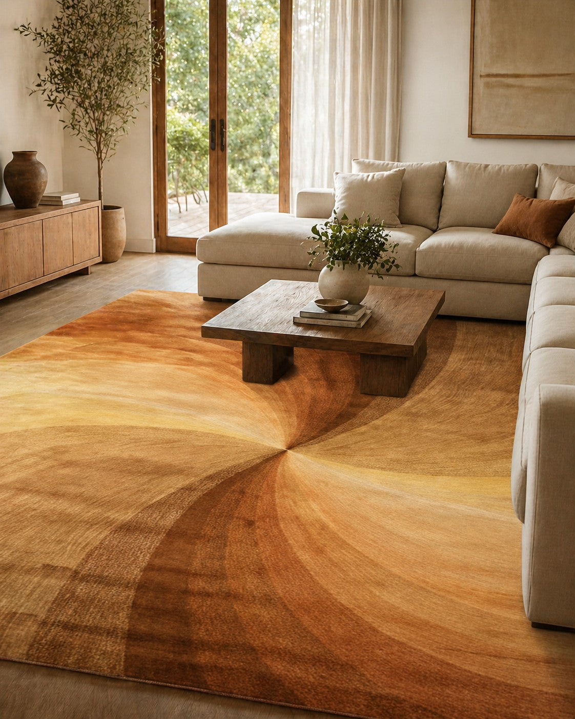 Ava Trendy Light Brown Hand Tufted Wool Rug styled in a modern living room - area rug lifestyle photo
