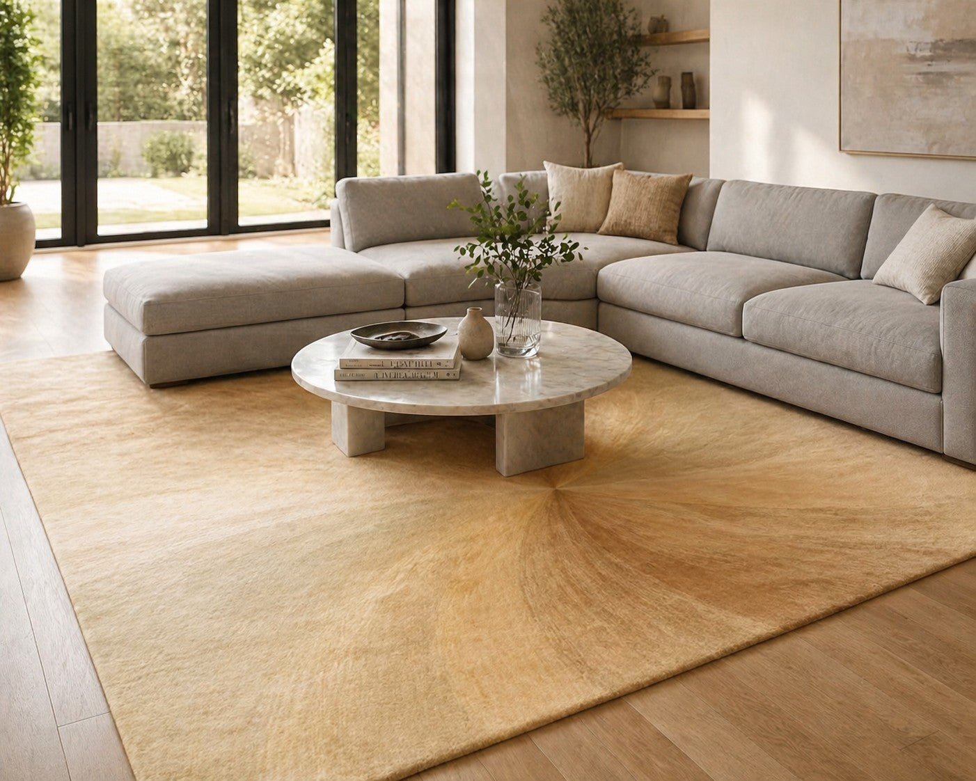 Sleek Sloane Beige Hand Tufted Wool Rug styled in a modern contemporary living room with grey sectional sofa and marble coffee table - area rug lifestyle photo