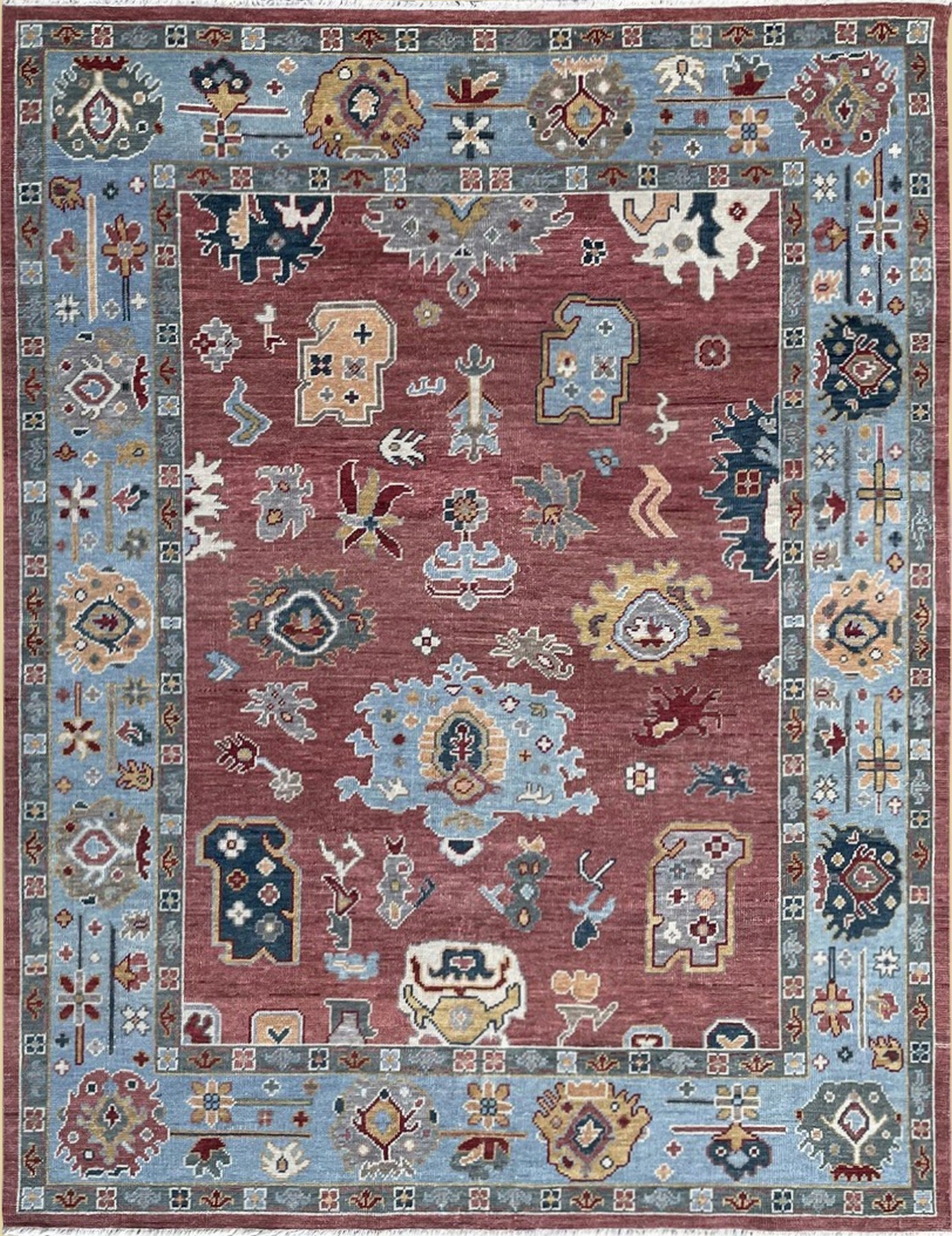 Elegant Rust and Sky Blue Mahal Traditional Handmade Wool Artisan Rug