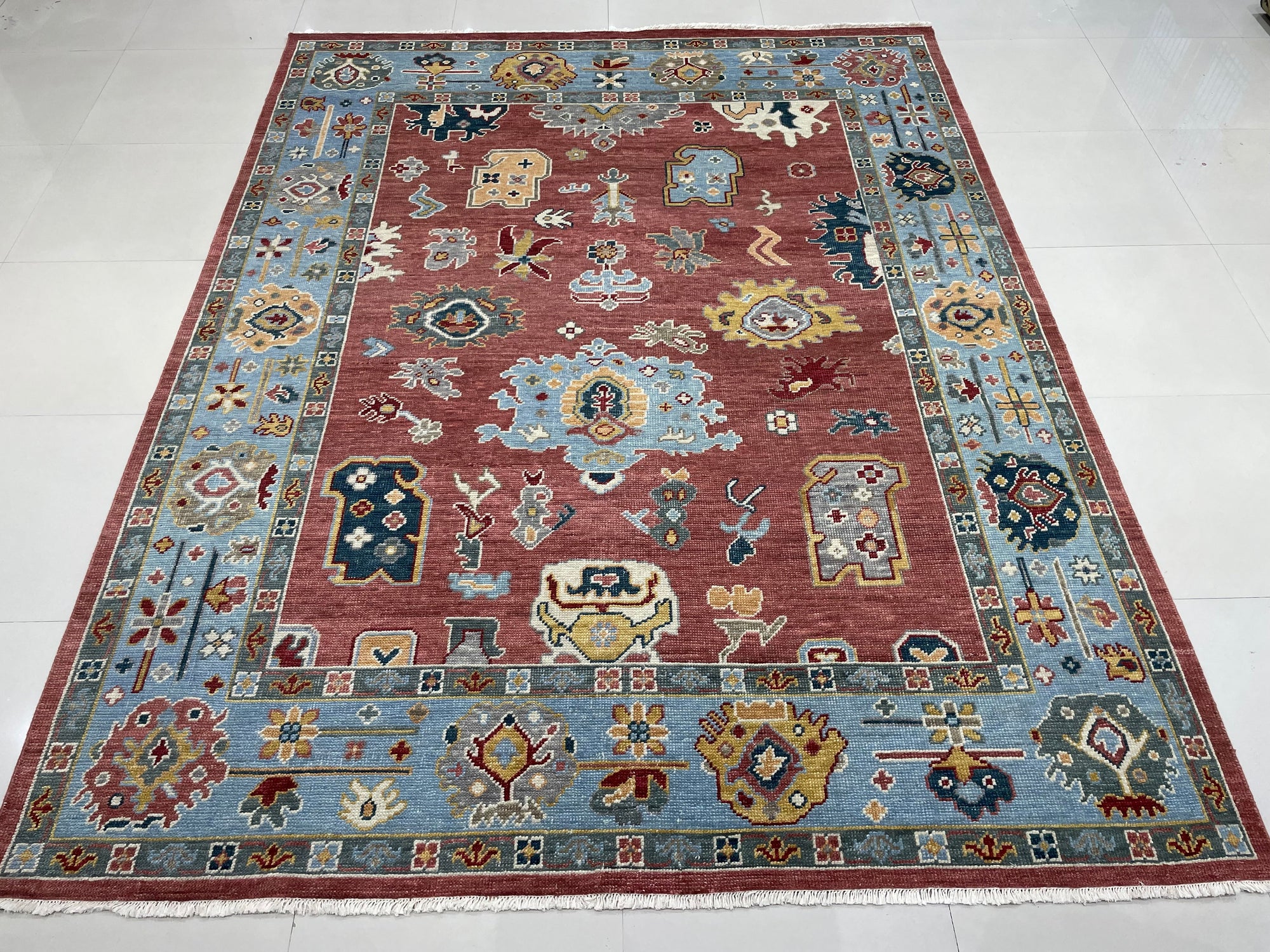 Elegant Rust and Sky Blue Mahal Traditional Handmade Wool Artisan Rug