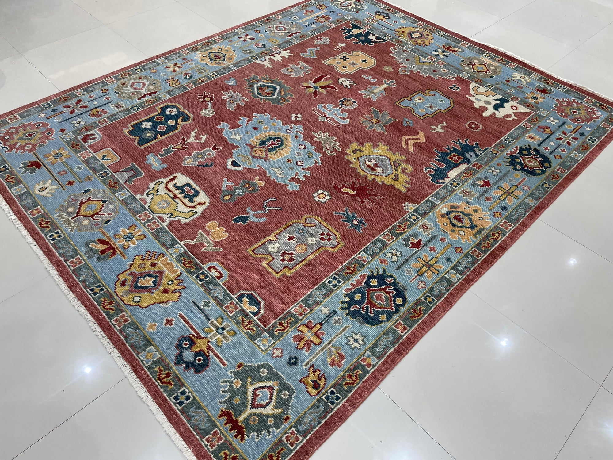 Elegant Rust and Sky Blue Mahal Traditional Handmade Wool Artisan Rug