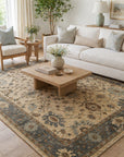 Opulent Oushak Ivory Hand Knotted Wool Rug styled in a serene luxurious living room - area rug lifestyle photo
