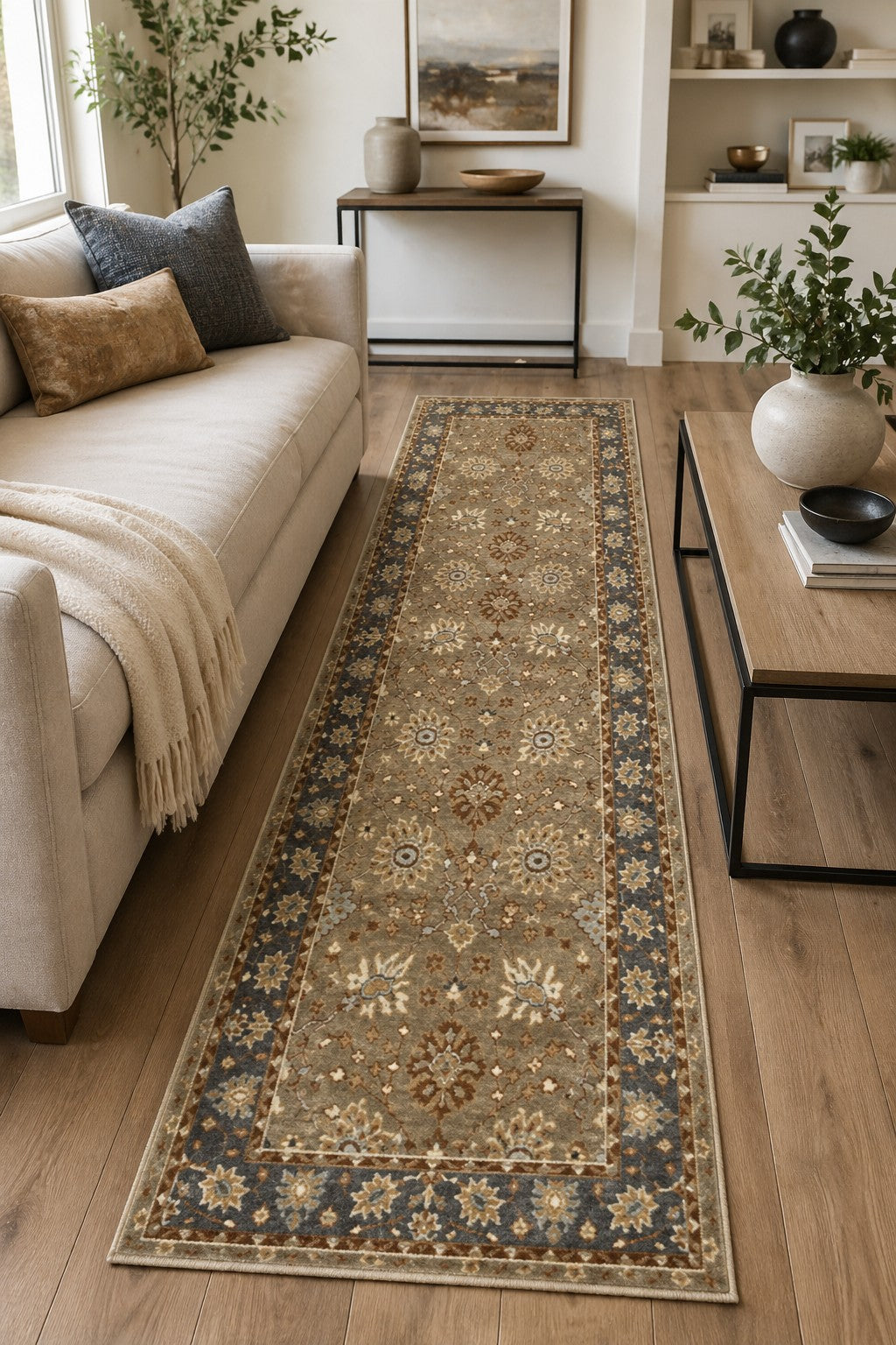 Charming Oushak Beige Hand Knotted Wool Rug styled in a modern living room - area rug lifestyle photo