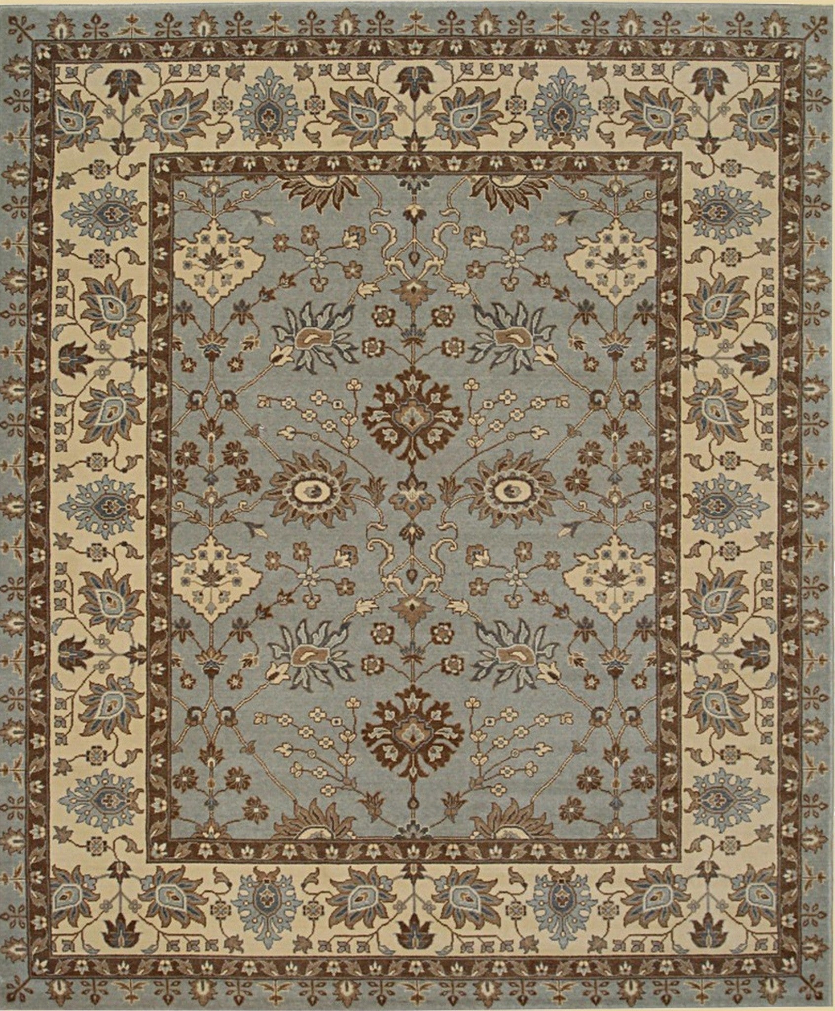 Artisan Oushak Light Blue Hand Knotted Wool Rug styled in a modern living room - area rug lifestyle photo