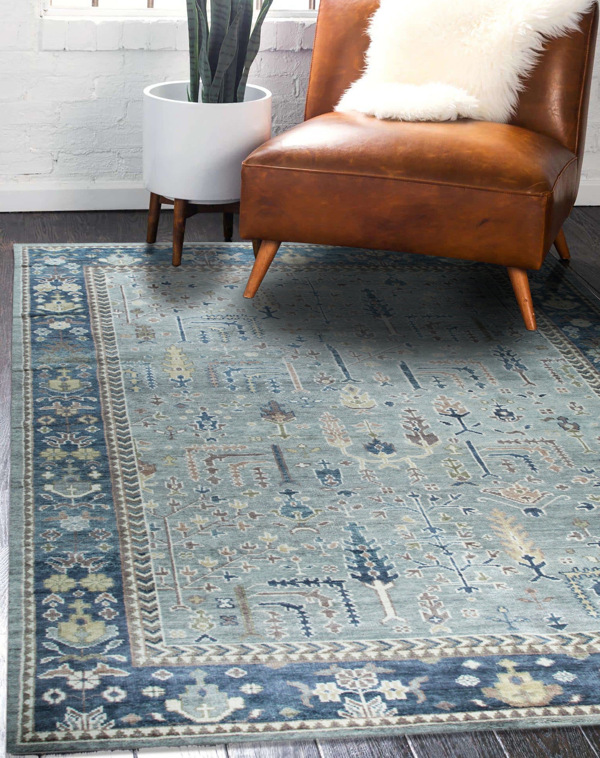 Vibrant Oushak Light Blue Hand Knotted Wool Rug