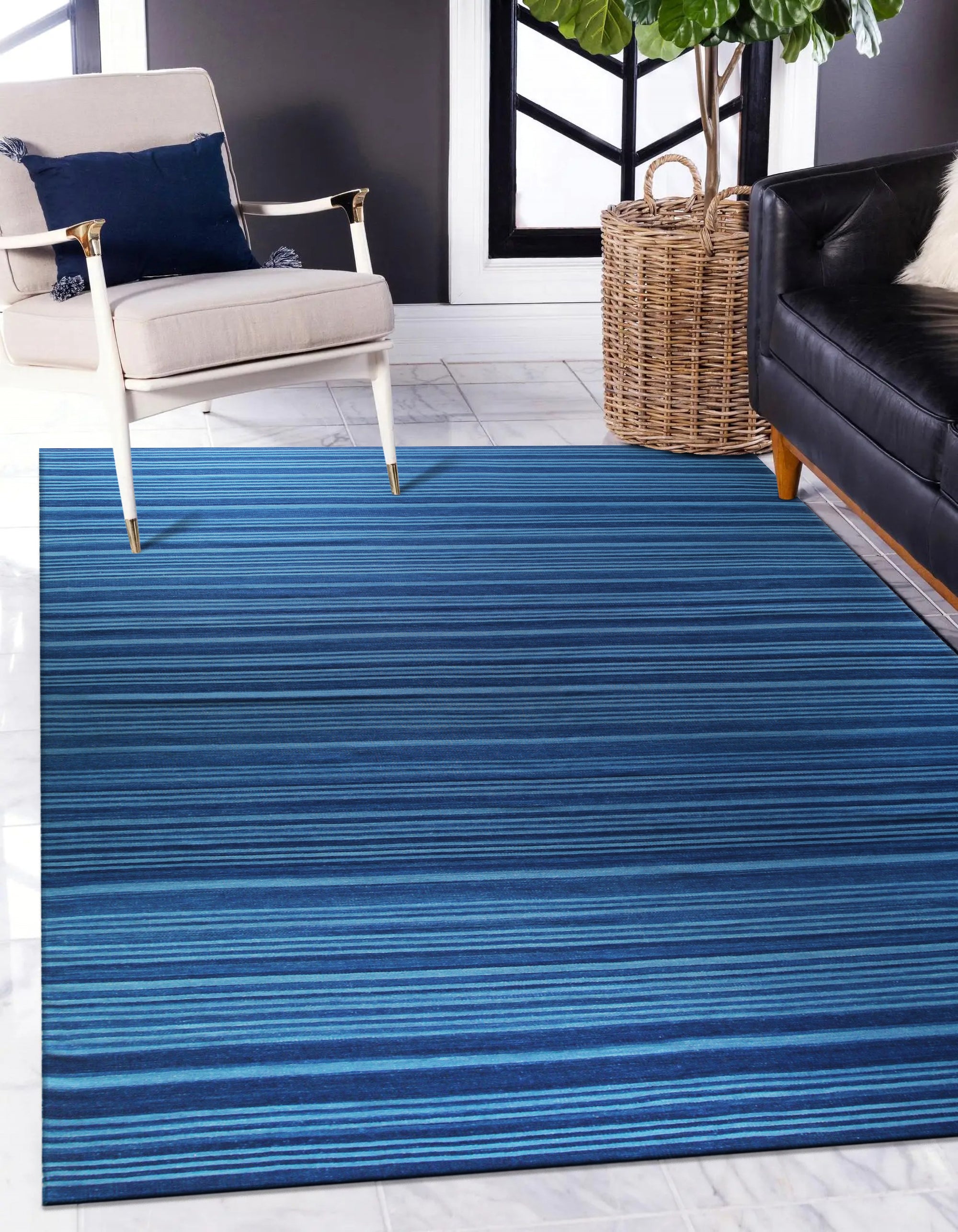 Para Penelope Blue Flatweave Wool Rug, a detailed view showcasing the rug's texture and intricate flatweave construction with its cool blue tones and subtle geometric pattern.