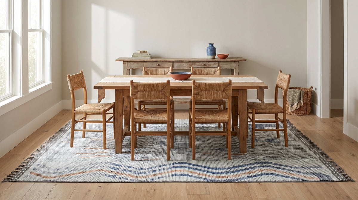 Abstract Marrakech Ivory Hand-Knotted Wool Rug in a dining room