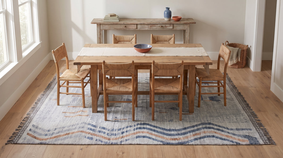 Abstract Marrakech Ivory Hand-Knotted Wool Rug in a dining room