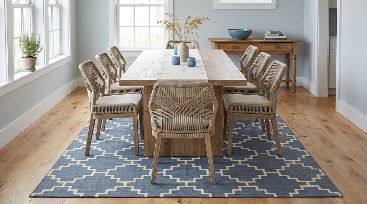 Alluring Bianca Blue Flatweave Wool Rug in a dining room