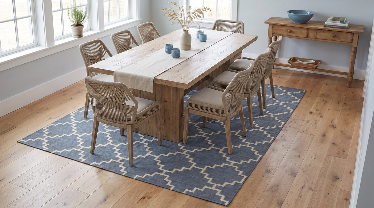 Alluring Bianca Blue Flatweave Wool Rug in a dining room