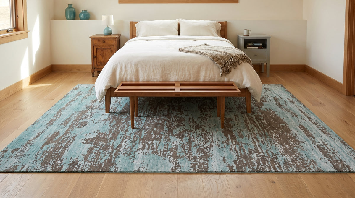 Amara Captivating Silver Hand Knotted Wool Rug in a bedroom