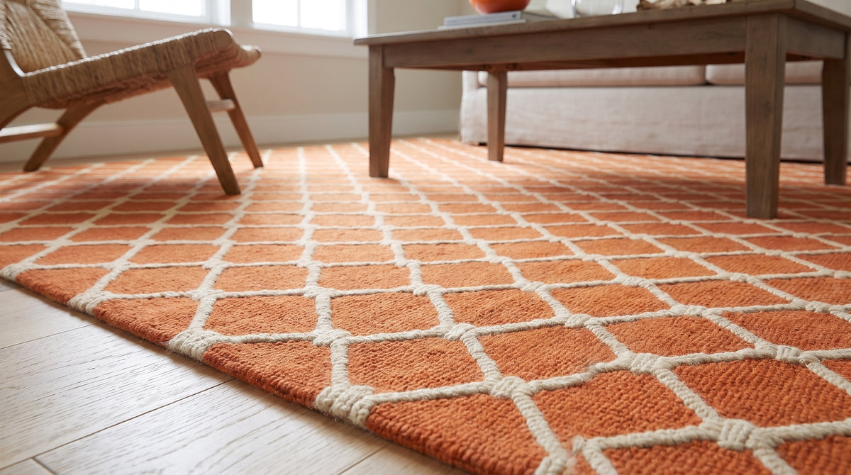 Amara Delicate Orange Hand Tufted Wool Rug in a living room
