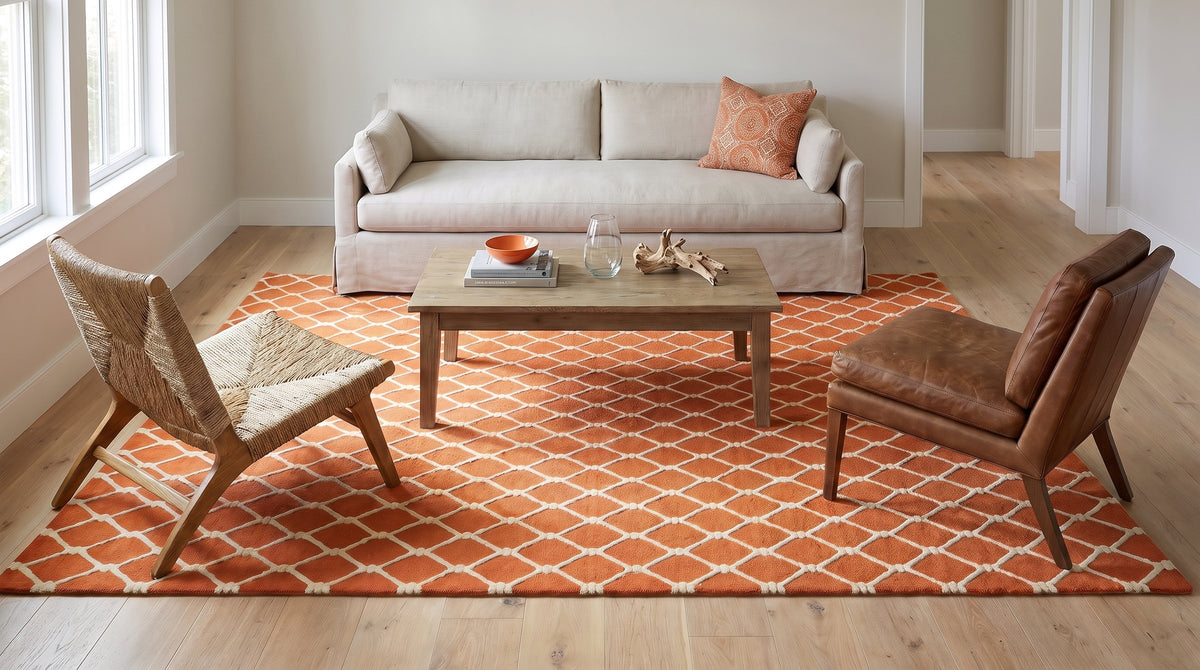 Amara Delicate Orange Hand Tufted Wool Rug in a living room