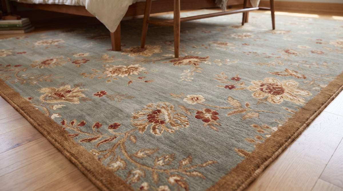 Amara Elegant Gray and Gold Machine Made Wool Rug in a bedroom
