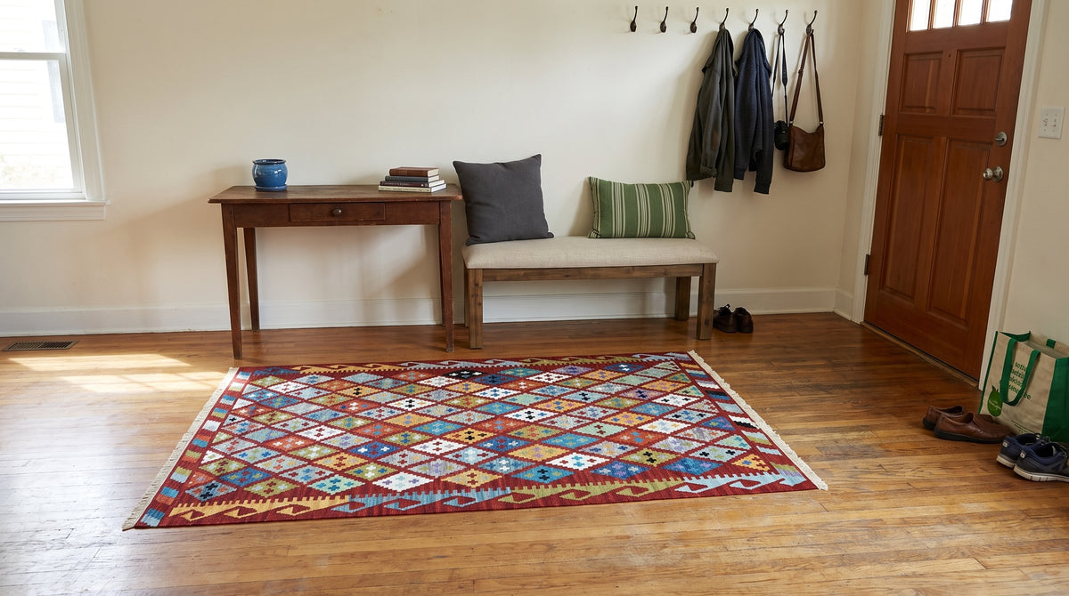 Amara Kilim Multicolor Flatweave Wool Rug in a entryway
