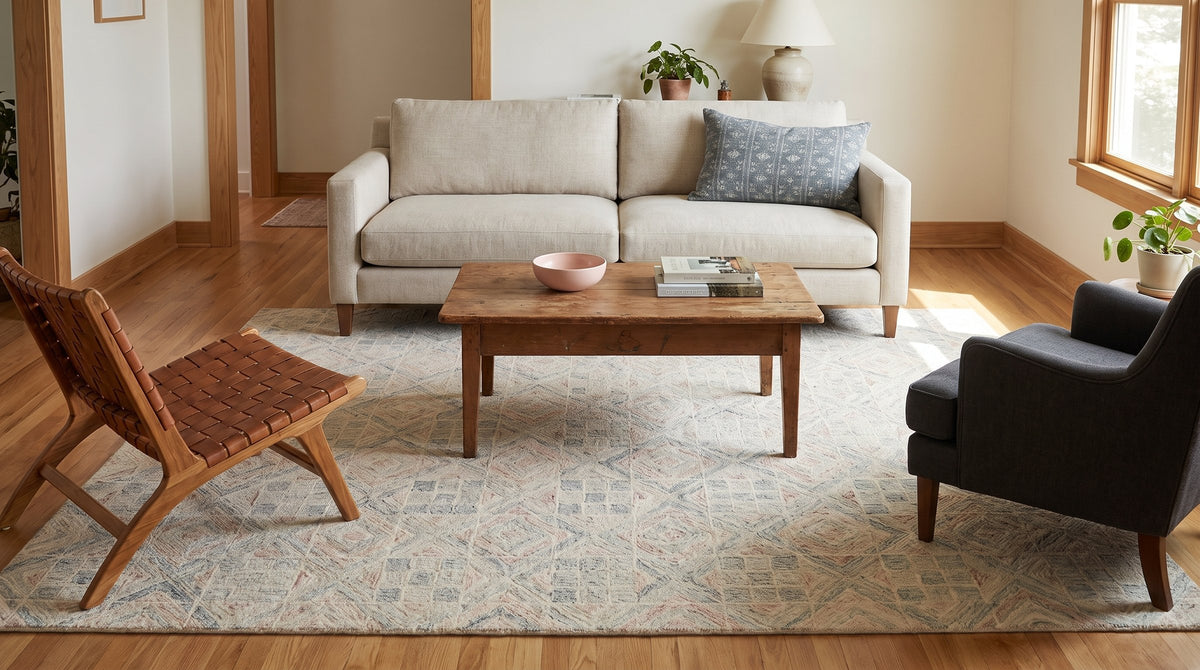 Amara Nina Multicolor Hand Tufted Wool Rug in a living room